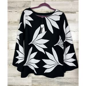 Chelsea & Theodore Women’s L Black White Floral 3/4 Wide Sleeve Sweater NEW